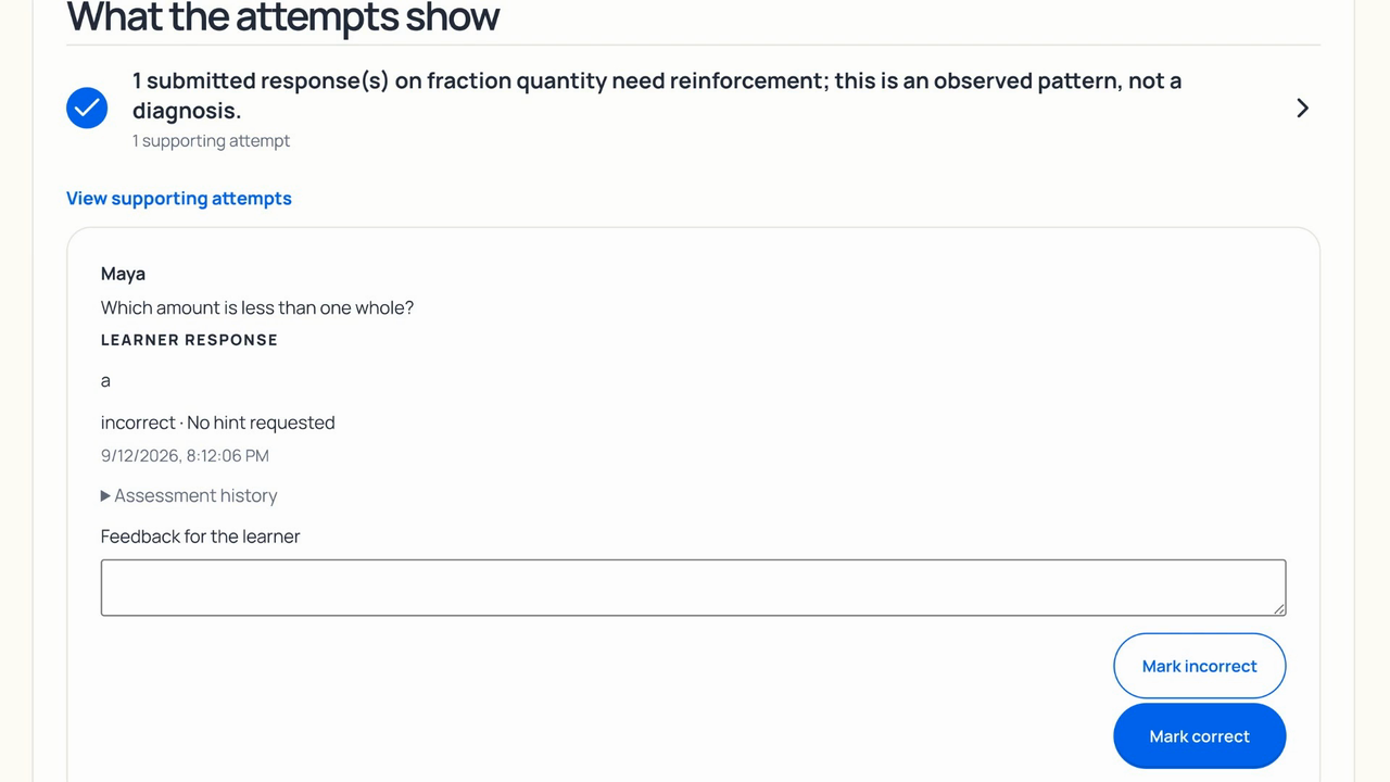 A supporting learner attempt and the teacher's feedback controls